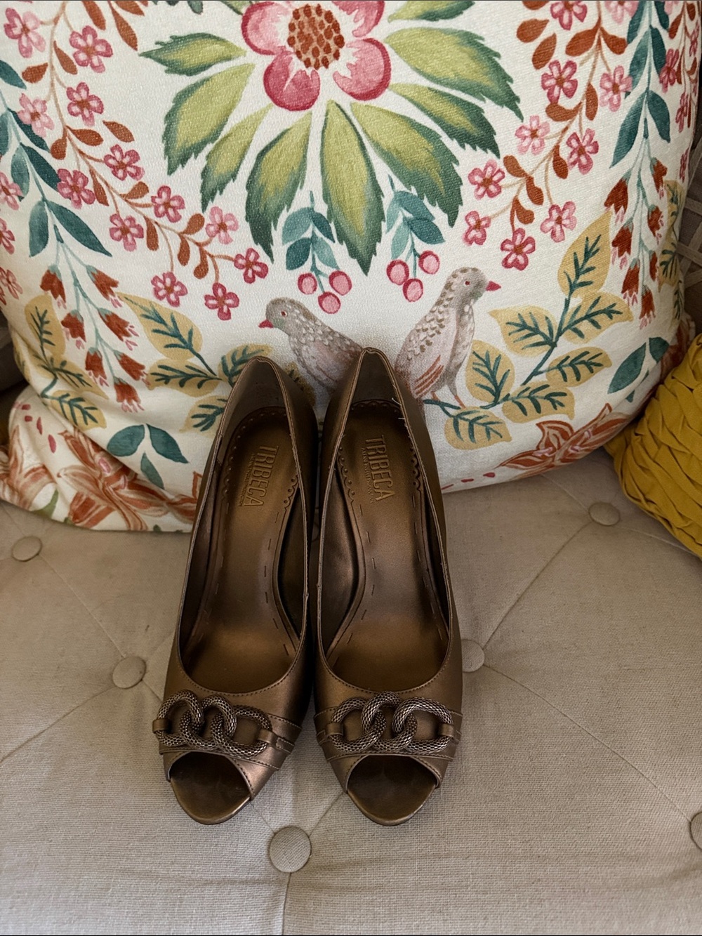 Tribeca by Kenneth Cole Metallic Bronze Peep-Toe Heels with Chain Accent
